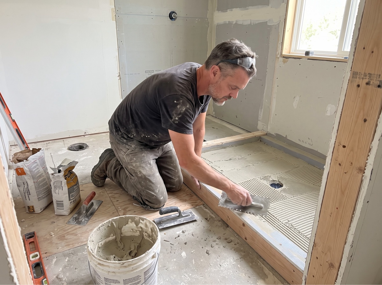 Simon preparing a hand-built shower pan