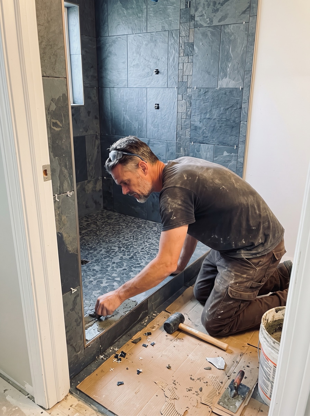The pebble shower floor, placed piece by piece