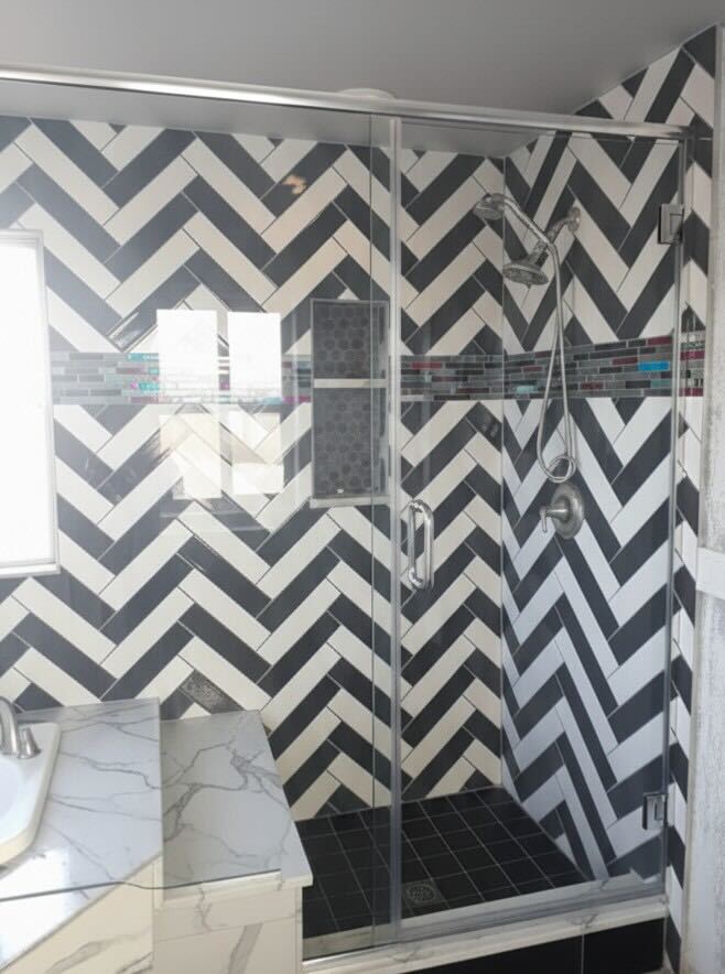 Chevron pattern tile shower