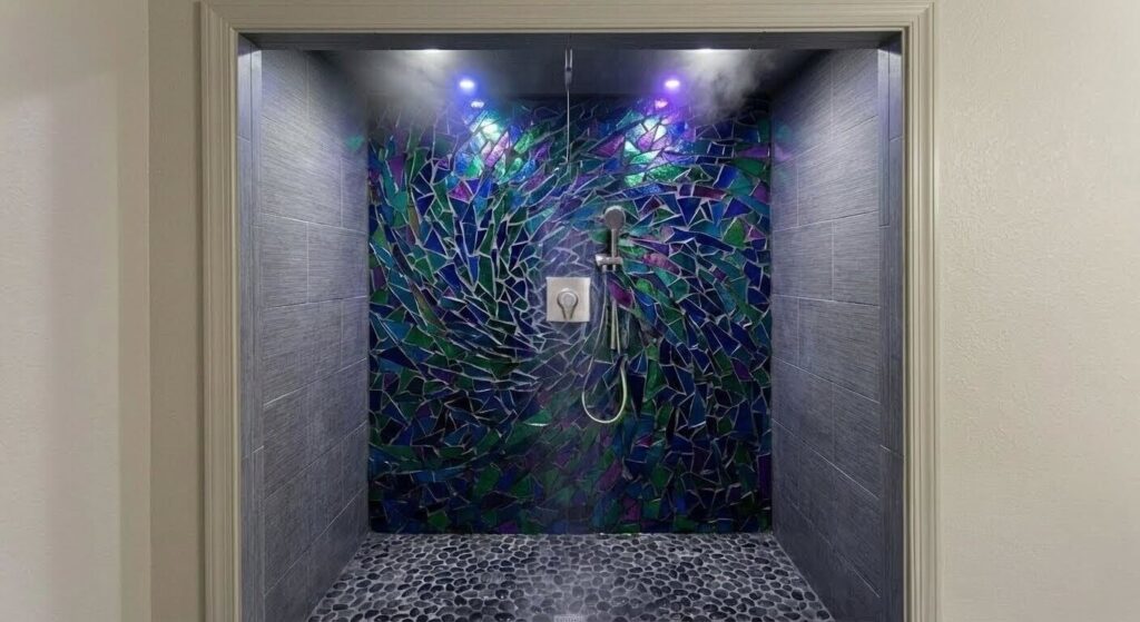 Spiral vortex mosaic shower design